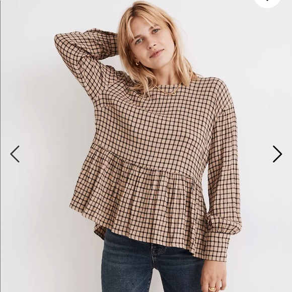 Madewell Button-Back Peplum Top in Mini Windowpane size small - Picture 2 of 9